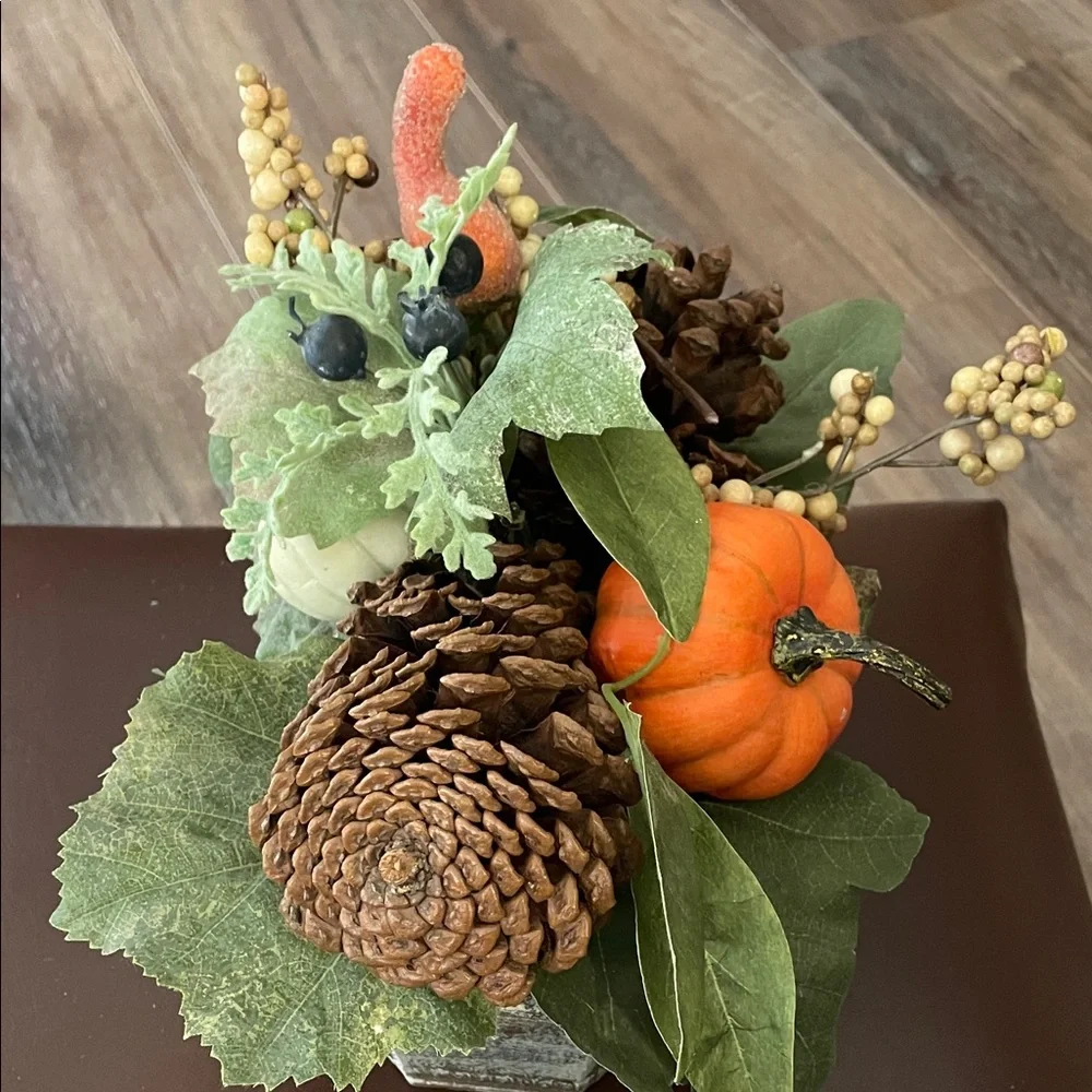 Autumn Harvest Centerpiece with Pinecones and Pumpkins